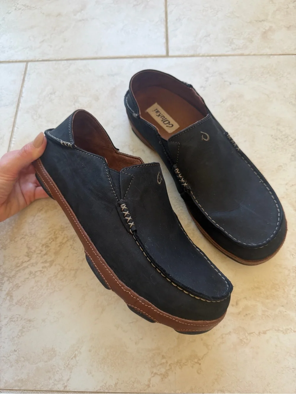OLUKAI Black Moloa Leather Slip On Shoes